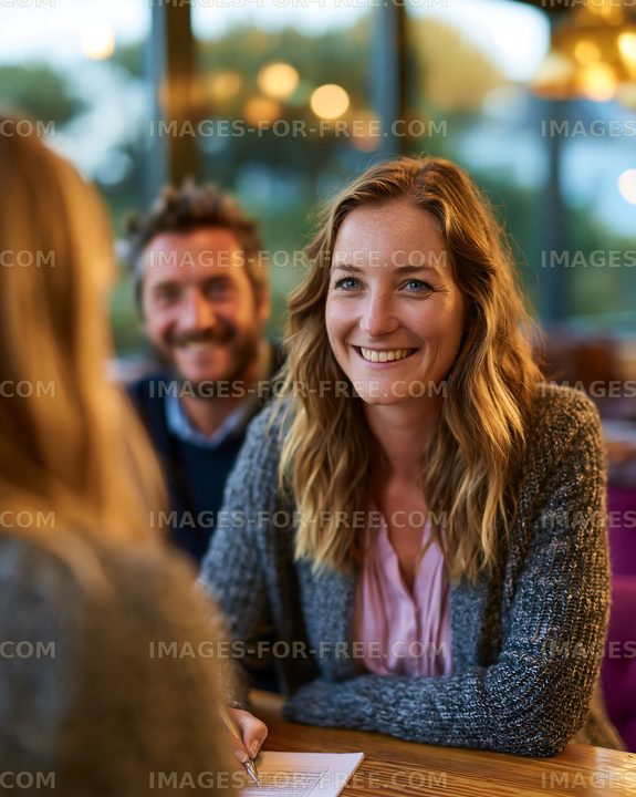 Happy woman enjoying a café conversation
