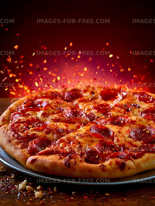 Pepperoni pizza with spicy flakes in dramatic light