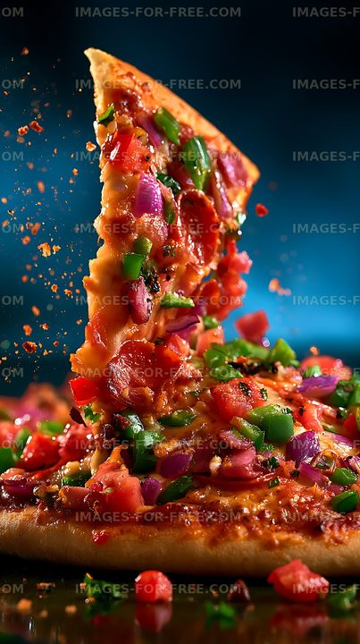 Loaded vegetable pizza slice in dramatic close-up