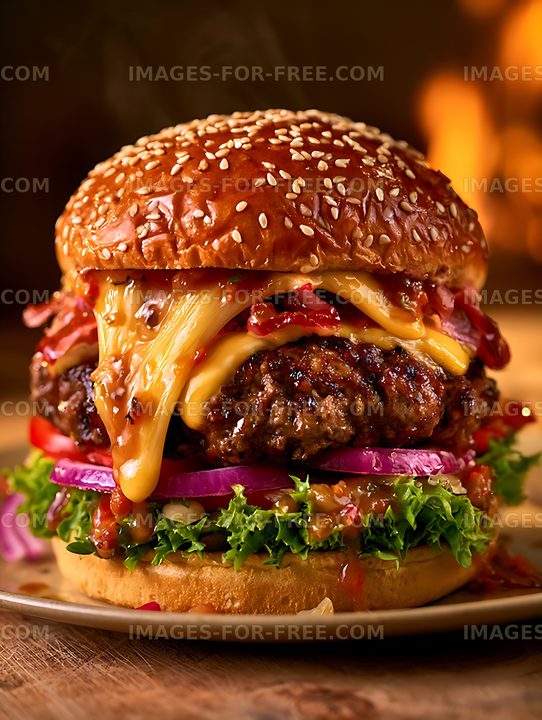 Close-up gourmet cheeseburger with fresh toppings