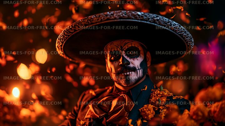 Dramatic skull-painted man wearing a decorated sombrero