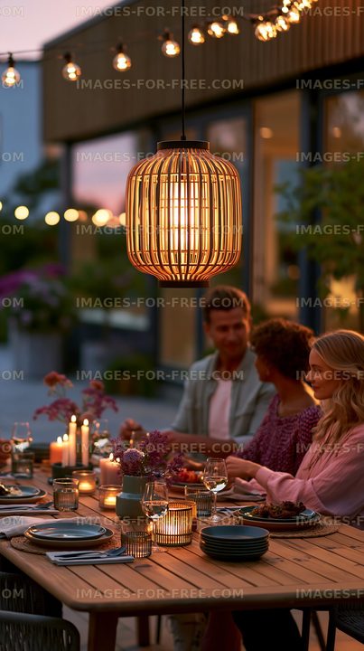 Warm outdoor dining scene with pendant lighting
