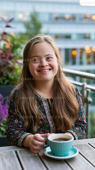 Happy girl enjoying coffee on a terrace