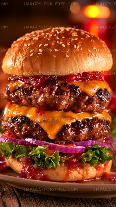 Close-up double cheeseburger with colorful toppings