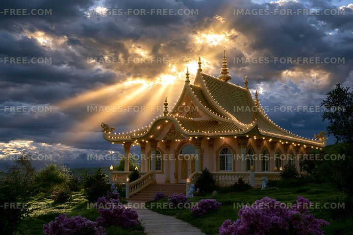 Illuminated ornate temple under golden sun rays