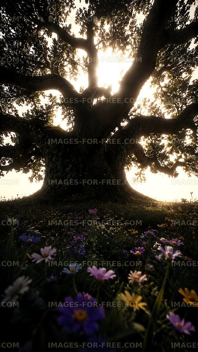 Large tree with sunlight shining through branches
