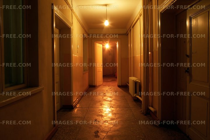 Empty corridor illuminated by warm ceiling lights