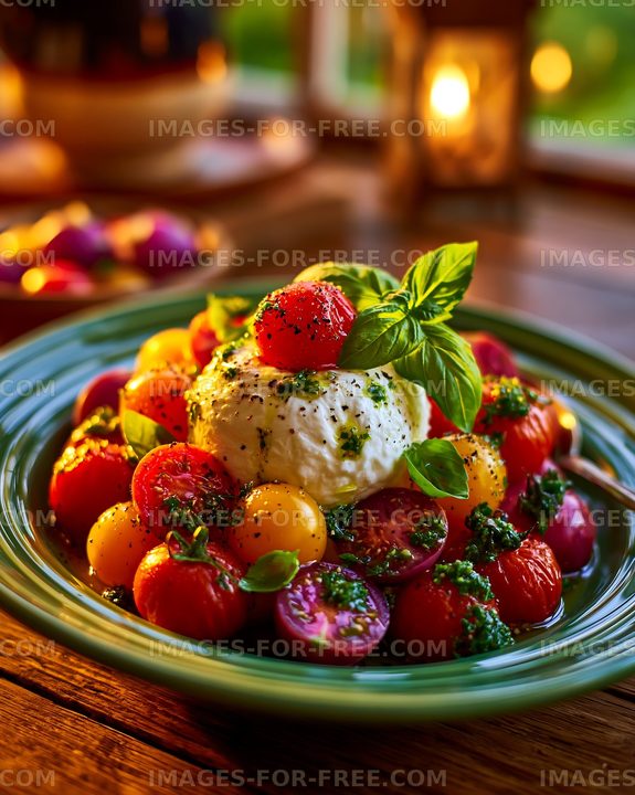 Fresh burrata and tomato salad with basil