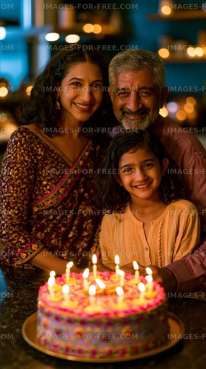 Smiling family gathered around a birthday cake