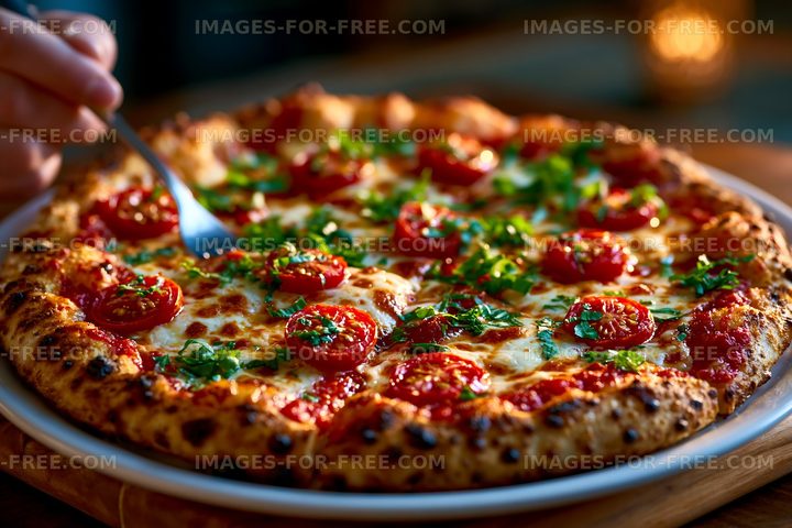 Freshly baked pizza topped with tomatoes, cheese, and herbs