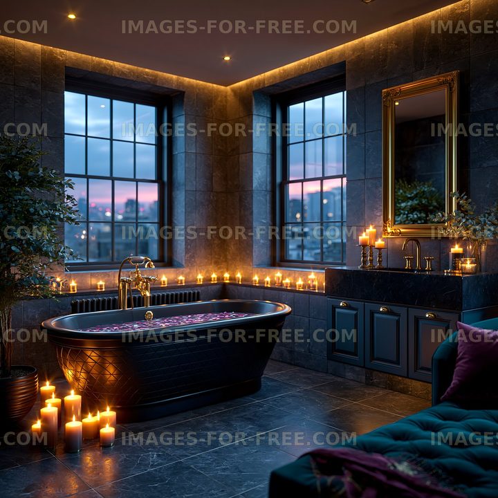 Candlelit luxury bathroom interior at dusk
