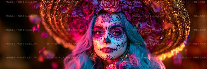 Close-up portrait with colorful sugar skull makeup and flowers