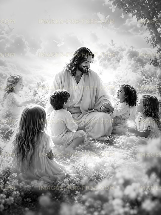 Jesus interacts with children in a peaceful garden setting