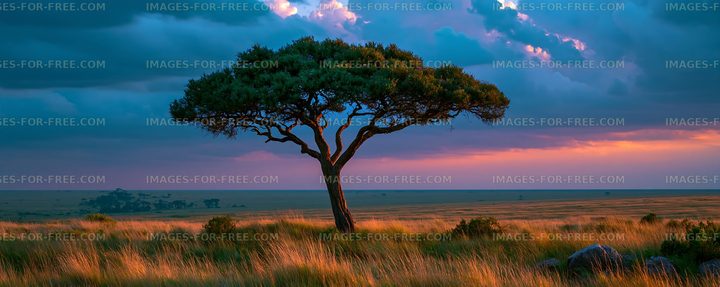 Solitary Tree and Golden Grass Under Colorful Storm Clouds