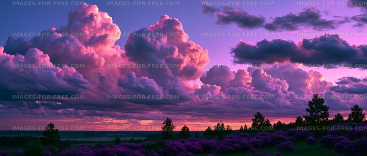 Vivid purple sunset sky with towering clouds and flowering shrubs