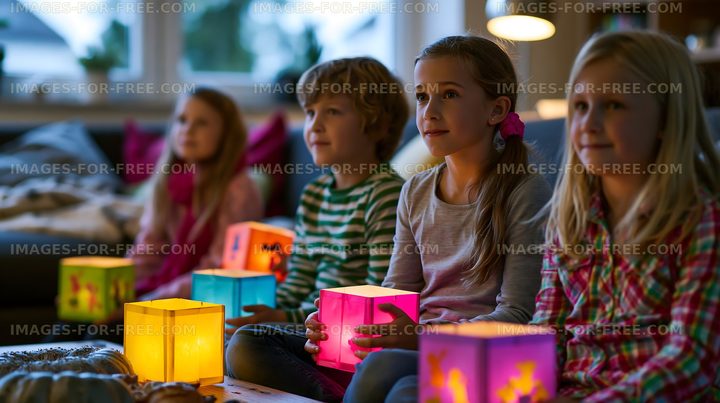 Four children with colorful illuminated lanterns at home