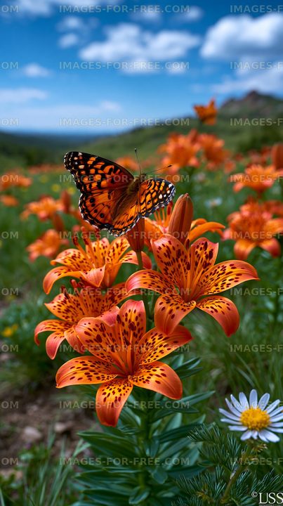 Orange Lily Flowers with Butterfly and Mountain Background