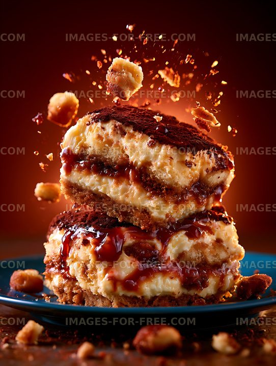 Close-up layered dessert with cream and chocolate topping