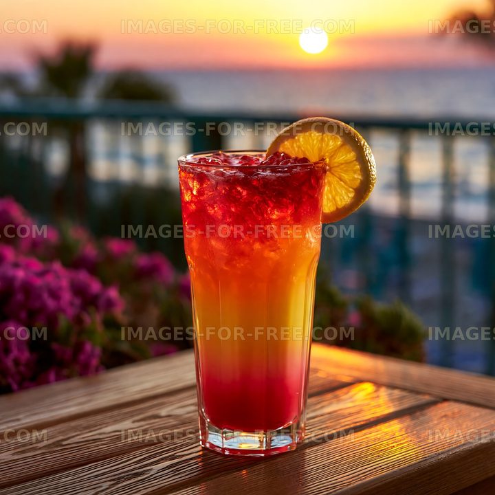 Colorful iced citrus drink with sunset waterfront background