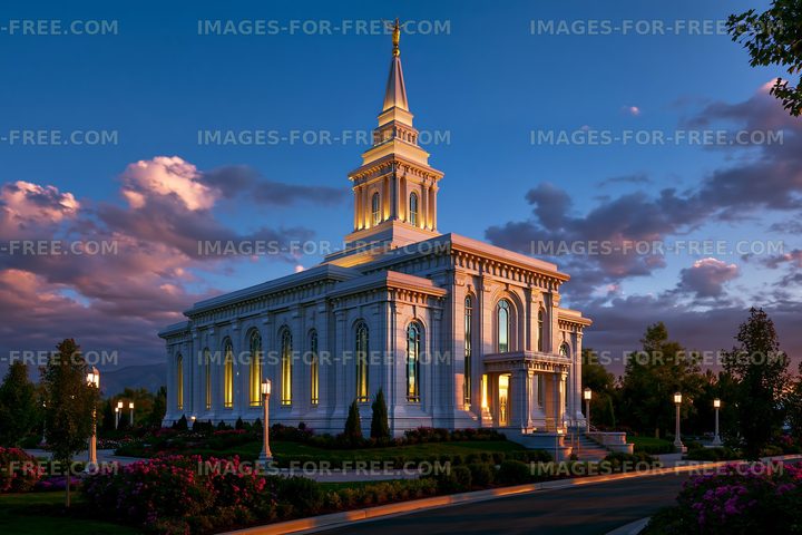 White temple glowing beneath a colorful twilight sky