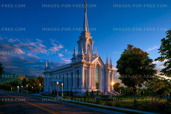 White spired temple glowing in evening light