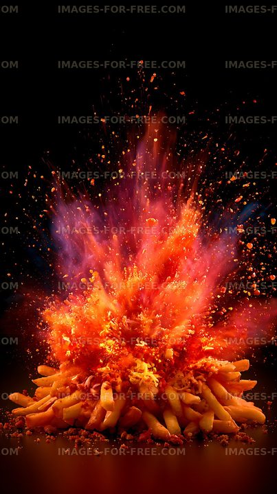 Dramatic French fry explosion on black background
