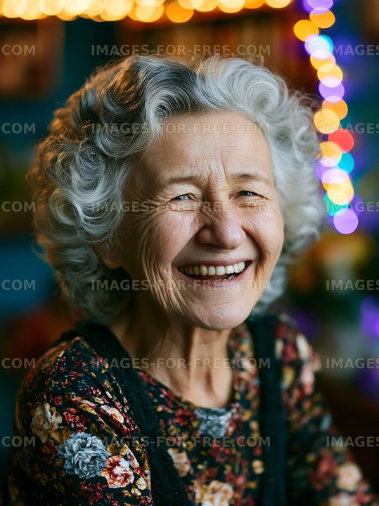 Smiling elderly woman with curly gray hair