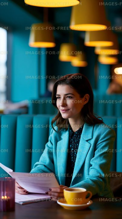Woman reviewing papers over coffee in a cafe