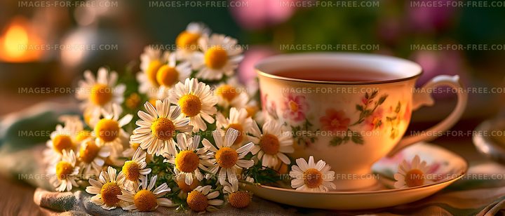 Decorative teacup and chamomile bouquet in soft golden light