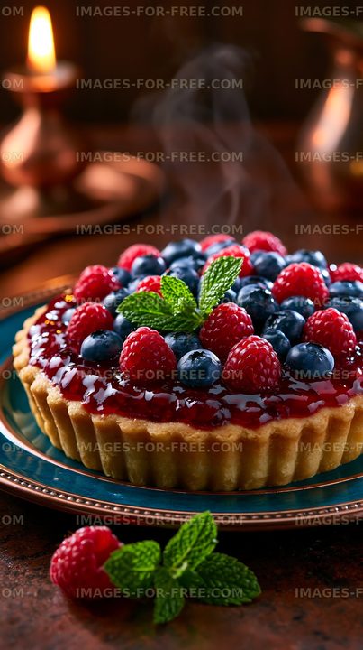 Close-up berry tart with fresh fruit and mint