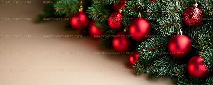 Evergreen Christmas branches decorated with red ornaments