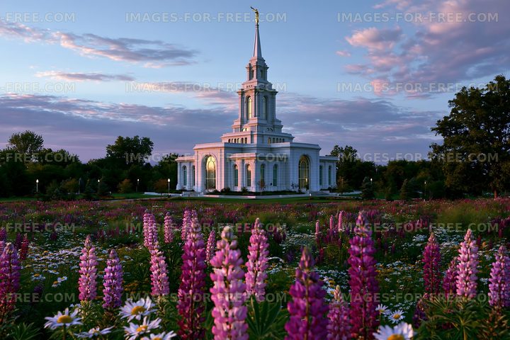 Elegant white temple rising above a flower-filled meadow