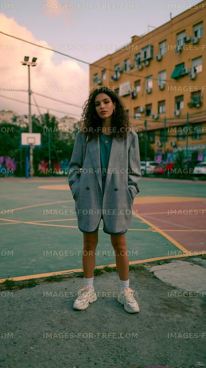 Stylish woman posing on a city basketball court
