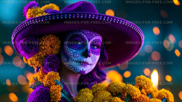 Colorful sugar skull portrait with flowers and sombrero