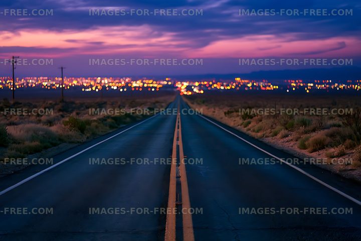 Wet desert road and glowing city lights at dusk