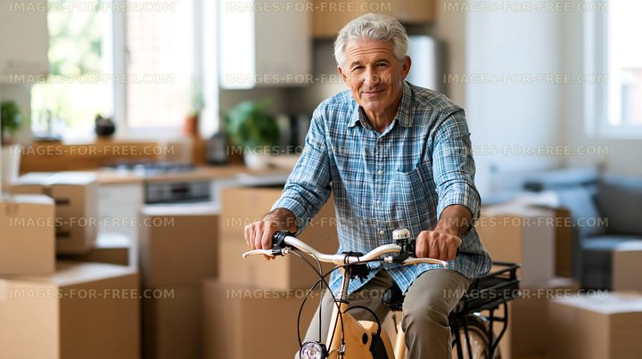 Senior man cycling through a home during a move