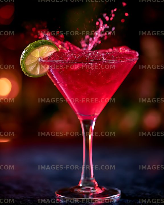 Vibrant pink drink with lime garnish and splash