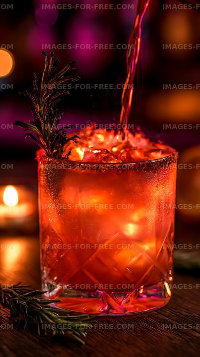 Orange cocktail with herb garnish and warm lights