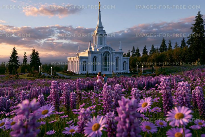 White temple in a purple flower garden at sunset