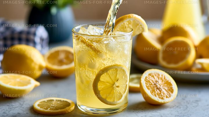 Refreshing sparkling lemon water with citrus garnish
