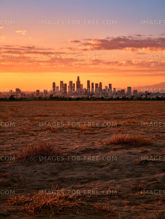 Distant city skyline under a warm sunset sky