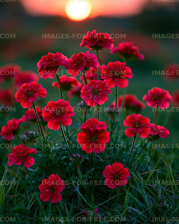 Red flowers in a field during sunset