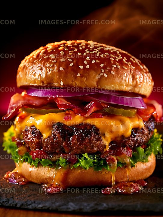 Loaded cheeseburger with bacon, cheese, and vegetables