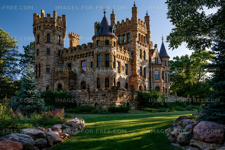 Stone castle with towers and garden