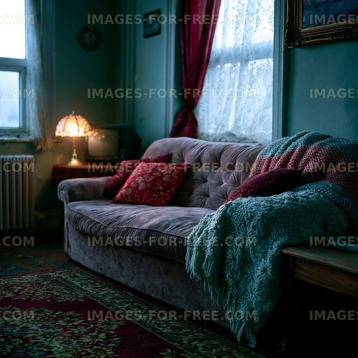 Warmly lit vintage lounge with upholstered sofa and colorful textiles
