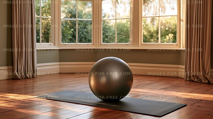 Exercise ball and yoga mat in a bright home interior