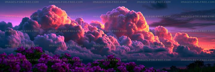 Colorful storm clouds and purple flowers at sunset