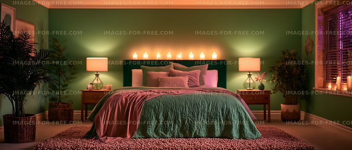 Warmly decorated bedroom with candles and indoor plants