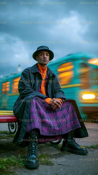 Young man sitting outdoors in layered urban clothing