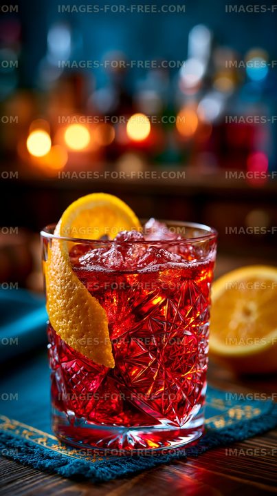Red cocktail with orange garnish in crystal glass